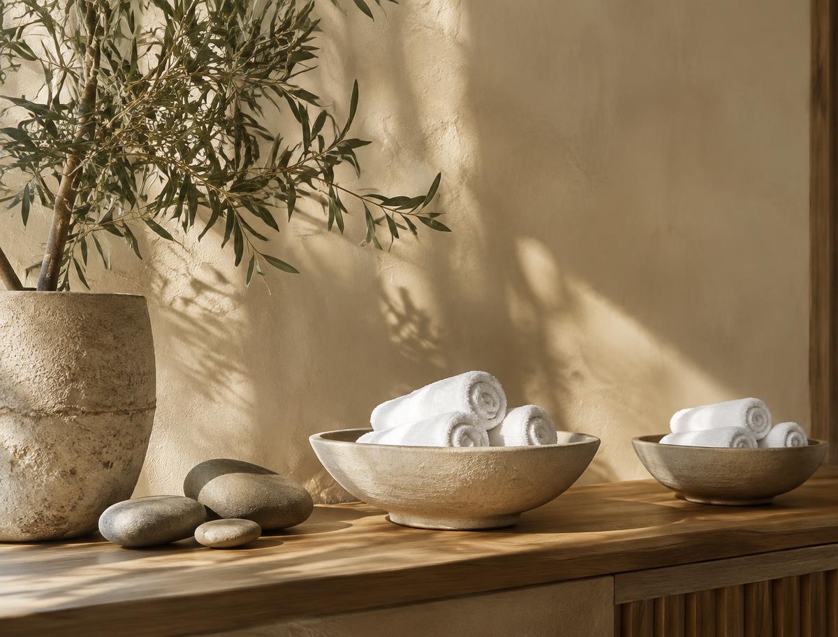 Studio corner with ceramic bowls, towels and an olive branch